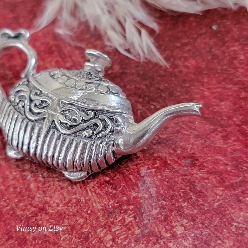 Sterling Silver Teapot Brooch Pin 925 Tea Lover Novelty Jewelry Vintage Style - Picture 7 of 10